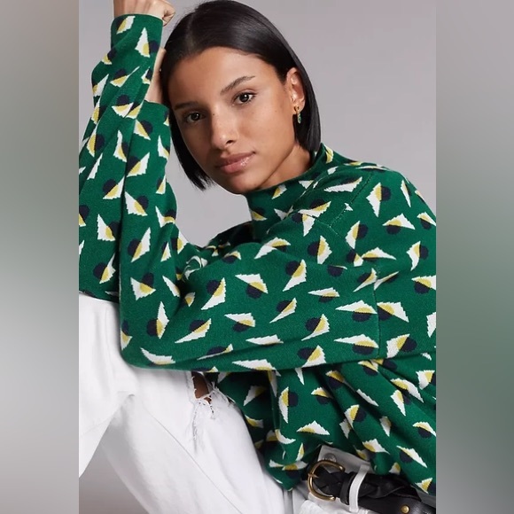 Anthropologie Sweaters - Anthropologie Maeve Carys Green Geometric Patterned Mock Neck Sweater